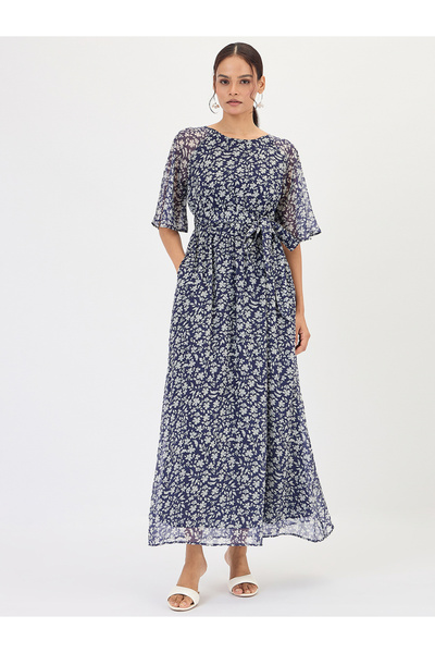 Styli Navy Blue Floral Print Waist Tie Maxi Dress