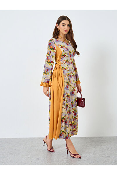 Take Two By Styli Floral Printed Tie-Up Neck Ruffle Maxi Dress