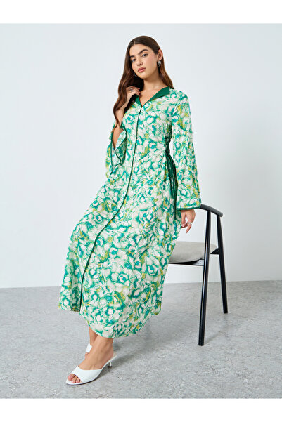 Take Two By Styli All-Over Printed V Neck Split Long Sleeve Maxi Dress