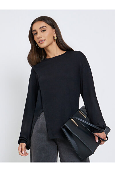 Styli Black Oversized Long Sleeve Side Slit T-Shirt