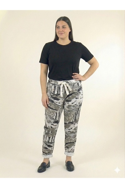 della moor Γυναικείο λευκό παντελόνι με ιταλικό σχέδιο με φτερά L ελαστικό ύφασμα με ελαστική μέση και στενό πόδι, μέγεθος 40 - 48