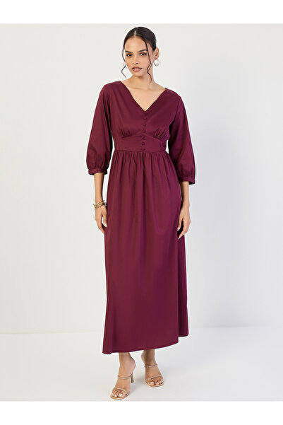 Styli فستان ماكسي من القطن الخمري بتفاصيل مشد