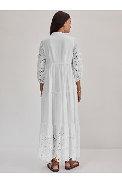 Styli White Cotton Schiffli Tiered Maxi Dress