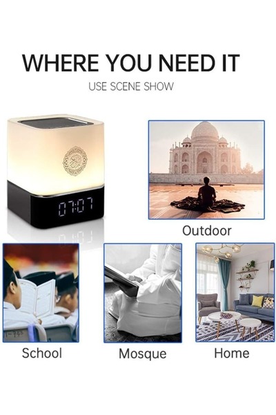Generic Touch Lamp Quran Speaker with 7 Colors, Smart App Control, Digital Clock, HD Audio Translation