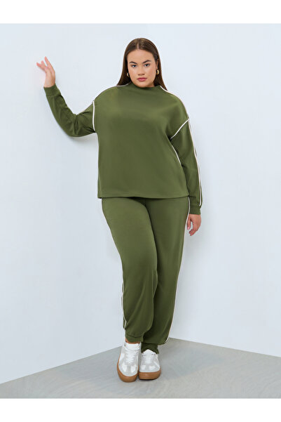 Styli Plus Size Green Funnel Neck Sweatshirt