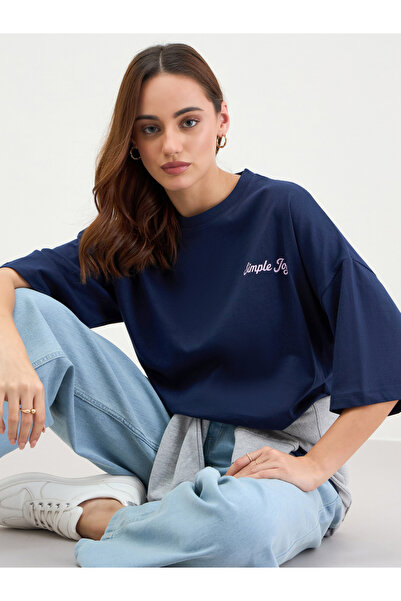 Styli Navy Blue Oversized Slogan T-Shirt