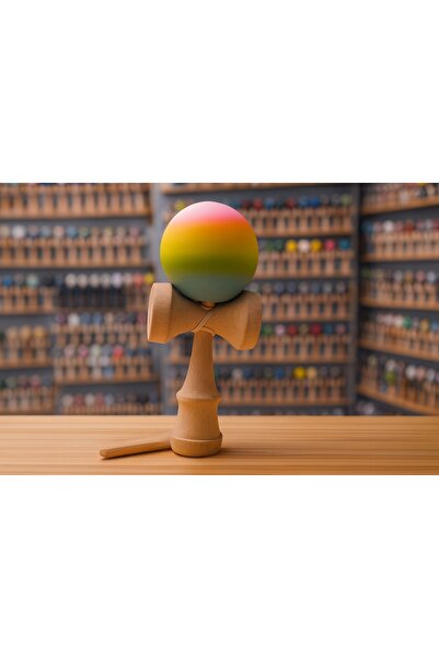 Inovius Kendama din lemn, 18cm, bila multicolora, vopsea cauciucata mata - DK...