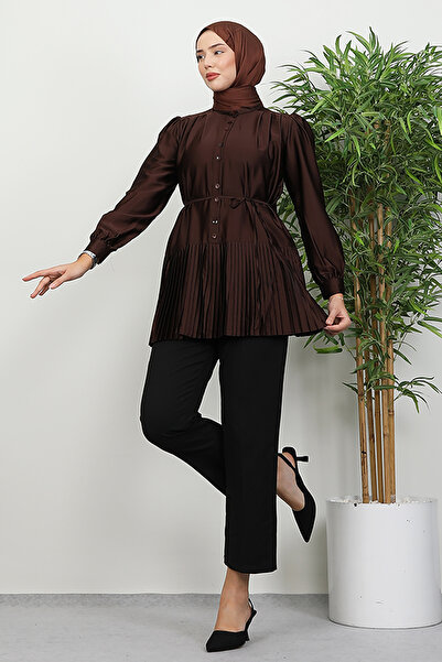 Lamia Giyim Altı Piliseli Gömlek Acı Kahve