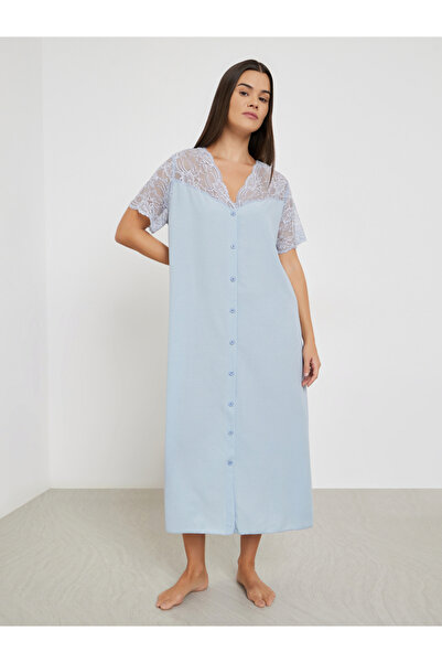 Styli Waffle Textured Lace Insert Buttoned Nightdress