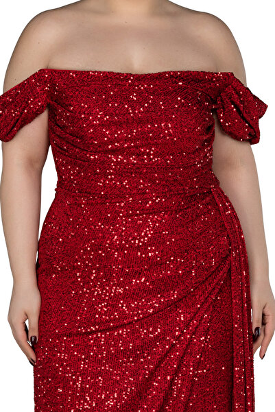 Arden Plus Size Evening Dress, Sequin Sequin Boat Neck, Wedding with Slit, Engagement Junior Evening Dress, Graduation Dress, 42-50