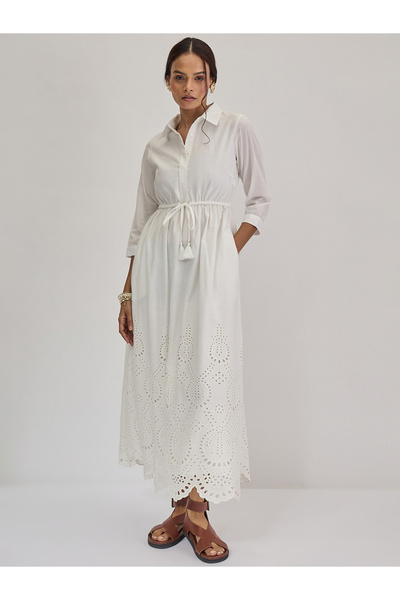 Styli White Schiffli Hem Maxi Shirt Dress
