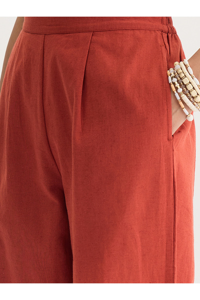 Femmella By Styli Rust Cotton Linen Straight Fit Pants