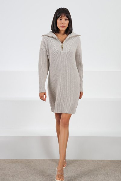 Ferraro A.Beige Long Sleeve Cashmere Zipper Detailed Wide Collar Women's Knitwear Dress