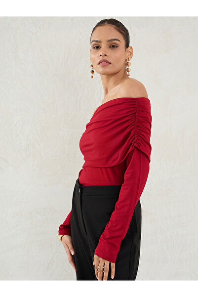 Femmella By Styli Deep Red Knit Bardot Neck Ruched Detail Top