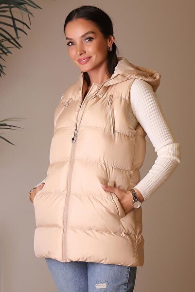 Nazen Giyim Beige Women's Vest with Pocket and Zipper Detail 89677-2K4