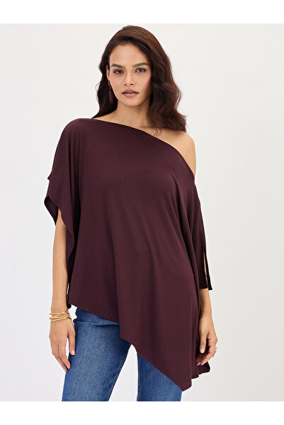 Femmella By Styli Wine One Shoulder Knitted Kimono Top