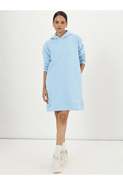Styli Light Blue Fleece Hooded Mini Sweatshirt Dress