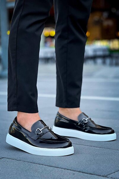 Lucy Shoes حذاء YG-027 الكلاسيكي للرجال بدون أربطة من الجلد اللامع RBT - أسود