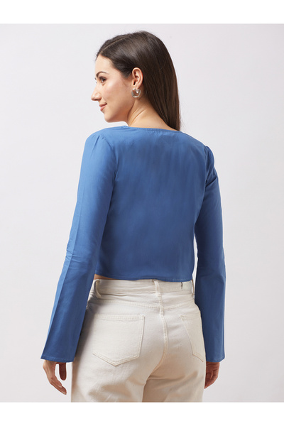 Globus By Styli Women Blue Tie-Up Neck Embroidered Detail Crop Top