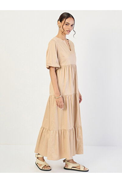 Styli Beige Cotton Puff Sleeve Tiered Maxi Dress
