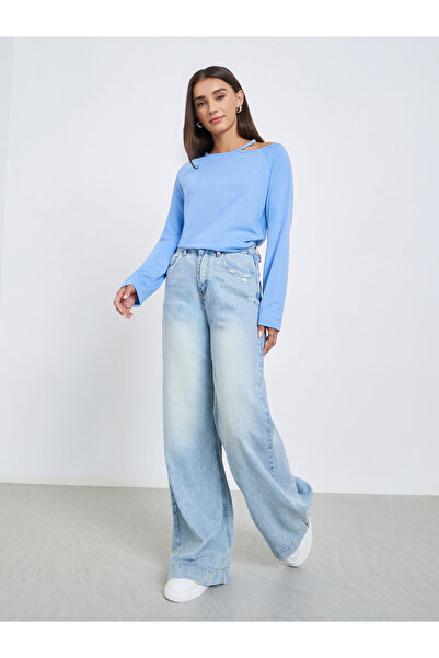 Styli Blue Long Sleeve Cutout Shoulder T-Shirt