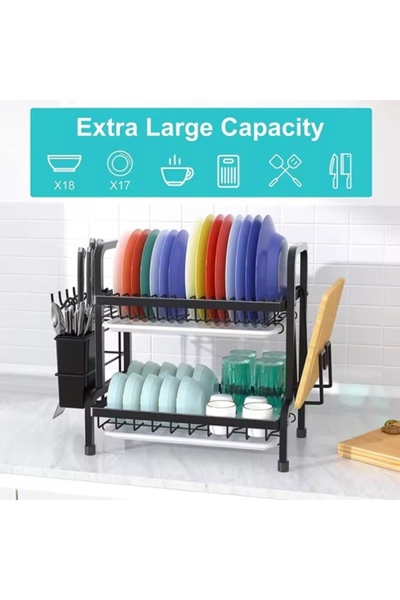 MODALITE 2-Tier Stainless Steel Kitchen Dish Rack – Plates, Bowls & Utensils Organizer, Black, 40x25x40 cm