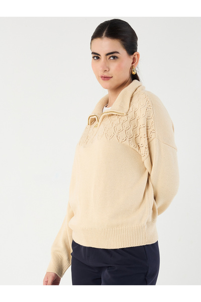Femmella By Styli Beige Collared Half Pulle Sweater