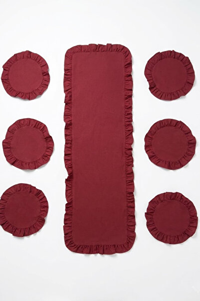 YUNUSOĞLU HOME Burgundy (Red) Ruffled Runner and Placemat Set - Tablecloth Set 7 Pieces 150X50