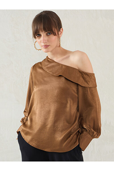 Femmella By Styli Brown One Shoulder Detail Satin Top
