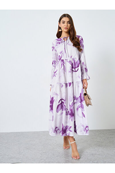 Take Two By Styli Floral Printed Tie-Up Neck Long Sleeve Midi Dress