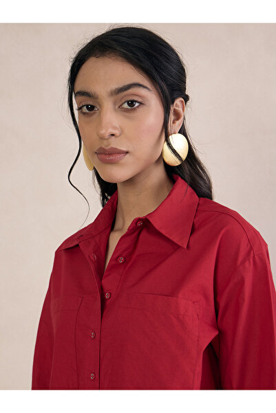 Femmella By Styli Red Poplin Long Sleeve Oversized Shirt