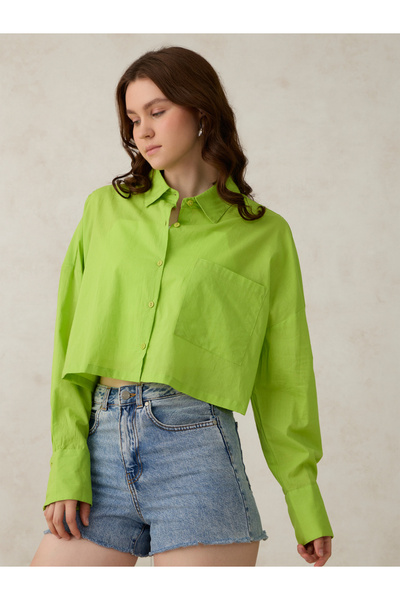 Outzidr By Styli Green Crop Solid Shirt with Pockets