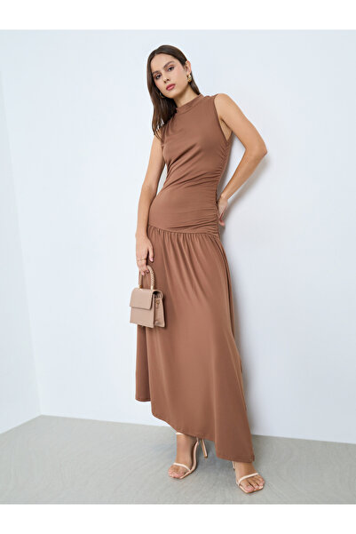 Take Two By Styli Solid High Neck Neck Ruffled Waist Sleeveless Maxi Dress