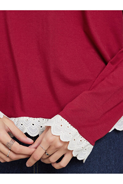 Styli Burgundy Knitted Top with Lace Trim