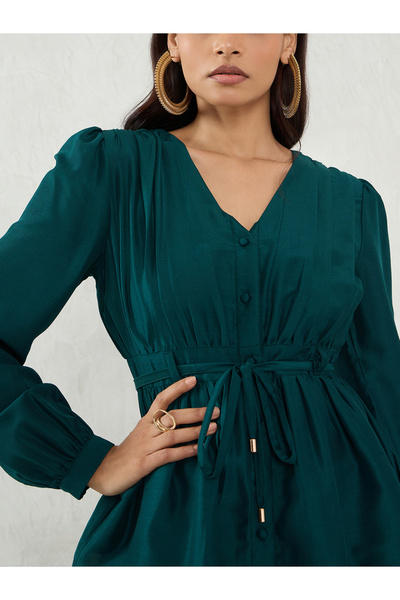 Styli Emerald Green Long Sleeve A-Line Mini Dress