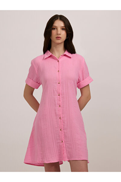 Outzidr By Styli Pink Solid Cotton Shirt Mini Dress