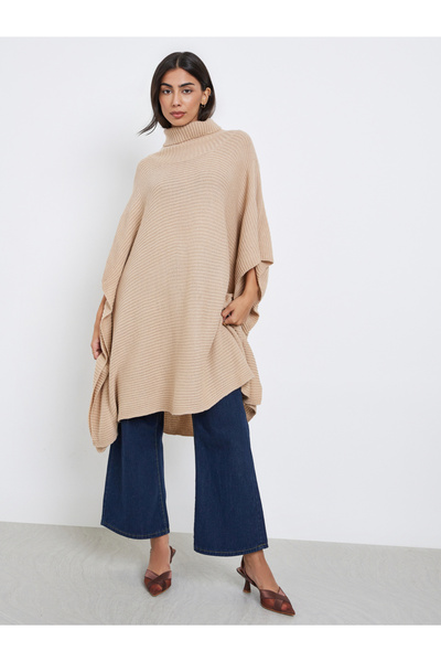 Styli Beige Oversized Chunky Knit Cape Sweater