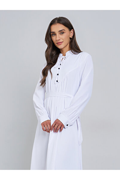 Styli White Solid Tie Neck Long Sleeve Midi Dress