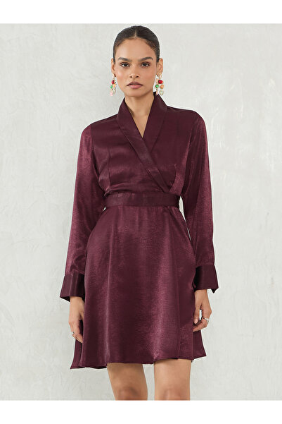 Styli Wine Satin Wrap Mini Dress