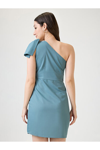 Globus By Styli Blue One Shoulder Bow Detail Sheath Mini Dress