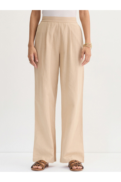 Femmella By Styli Beige Cotton Linen Straight Fit Pants