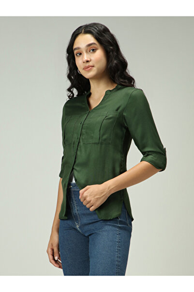Outzidr By Styli Olive Solid Shirt with Roll-Up Sleeves
