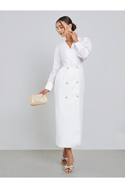 Styli White Sheath Midi Dress with V Neck