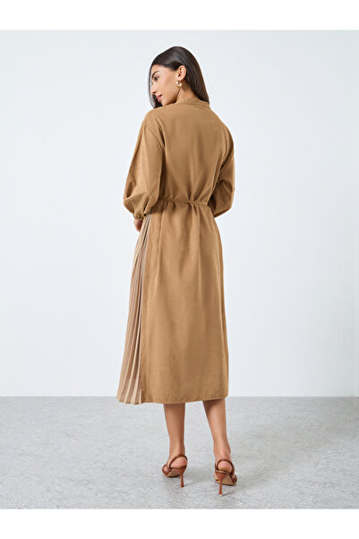 Styli Khaki Balloon Sleeve Buttoned Midi Dress