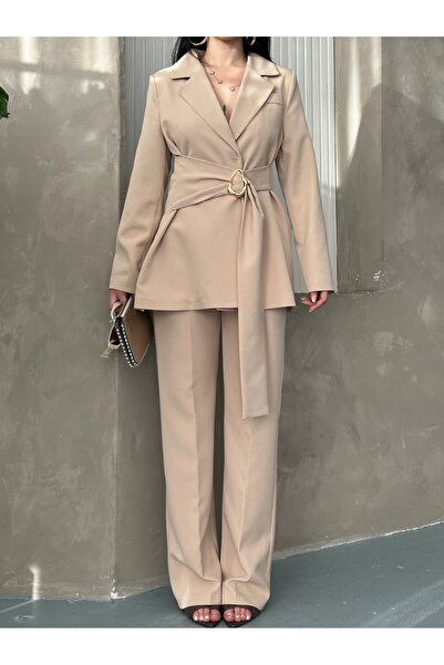Moda İkra Blazer Jacket Wide Leg Pants Set with a Wide Fabric Belt Tied at the Waist