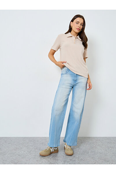 Styli Beige Ribbed Short Sleeve Polo T-Shirt