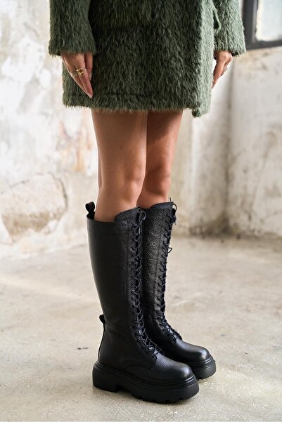 kalyoncu moda Amadeus Siyah Renkli Gerçek Deri Bağcıklı Kadın Uzun Çizme