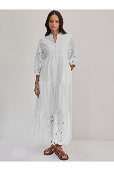 Styli White Cotton Schiffli Tiered Maxi Dress