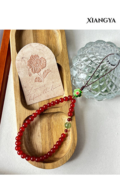 XIANGYA Phone Strap chain with Red Glass Beads Jadeite Glass Accent & Enamel Flower Charm