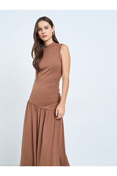 Take Two By Styli Solid High Neck Neck Ruffled Waist Sleeveless Maxi Dress